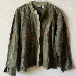 Chico's Green Embroidered Boho Artsy Nature 100% Cotton Snap Close Jacket XL